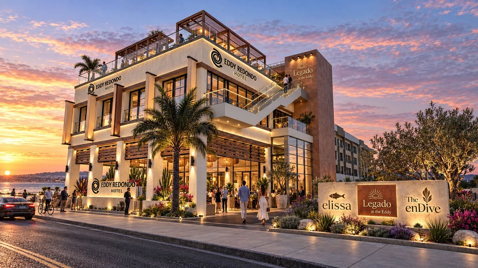 EDDY REDONDO HOTEL — Exterior at sunset (rendering)